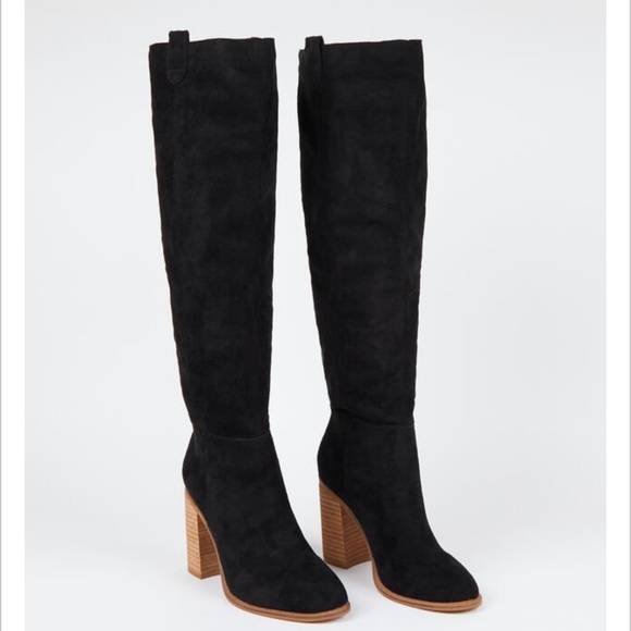 Black faux Suede chunky heel Knee high Boot - Picture 3 of 8